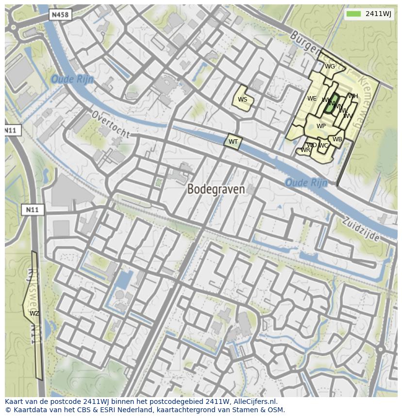 Afbeelding van het postcodegebied 2411 WJ op de kaart.