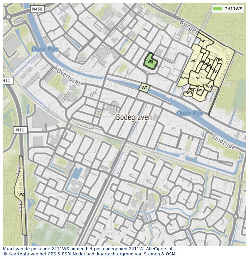 Afbeelding van het postcodegebied 2411 WS op de kaart.
