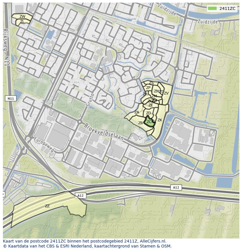 Afbeelding van het postcodegebied 2411 ZC op de kaart.