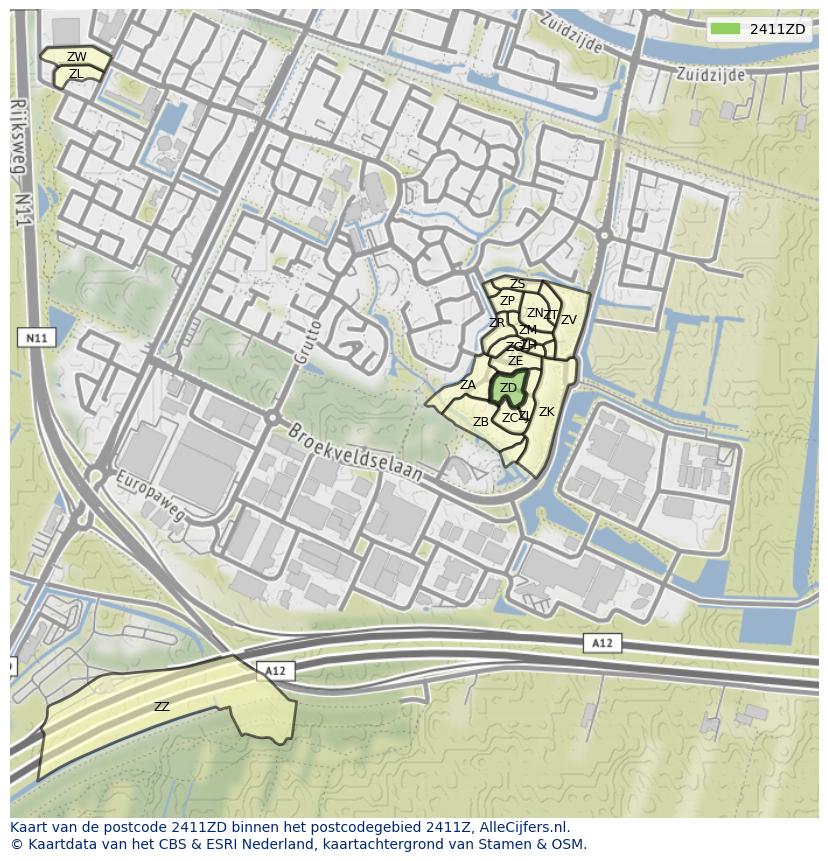Afbeelding van het postcodegebied 2411 ZD op de kaart.