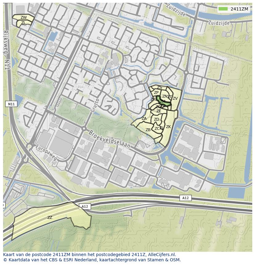 Afbeelding van het postcodegebied 2411 ZM op de kaart.