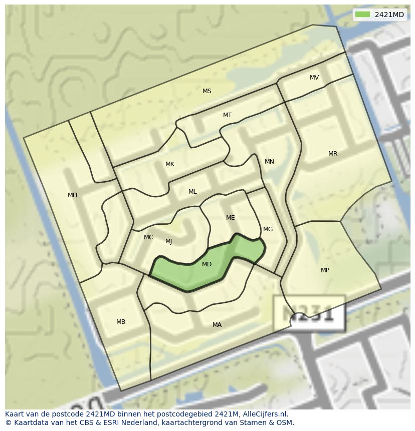 Afbeelding van het postcodegebied 2421 MD op de kaart.