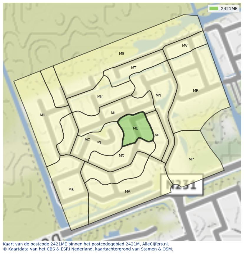 Afbeelding van het postcodegebied 2421 ME op de kaart.
