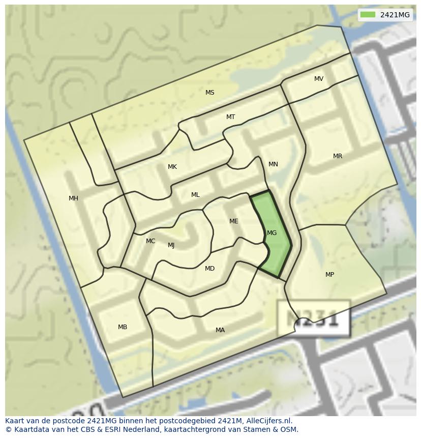 Afbeelding van het postcodegebied 2421 MG op de kaart.