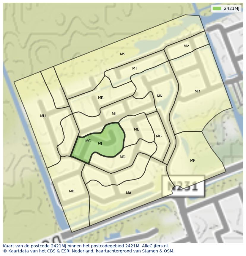 Afbeelding van het postcodegebied 2421 MJ op de kaart.