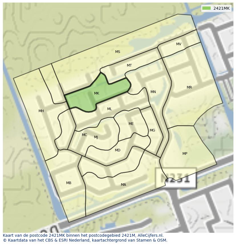 Afbeelding van het postcodegebied 2421 MK op de kaart.