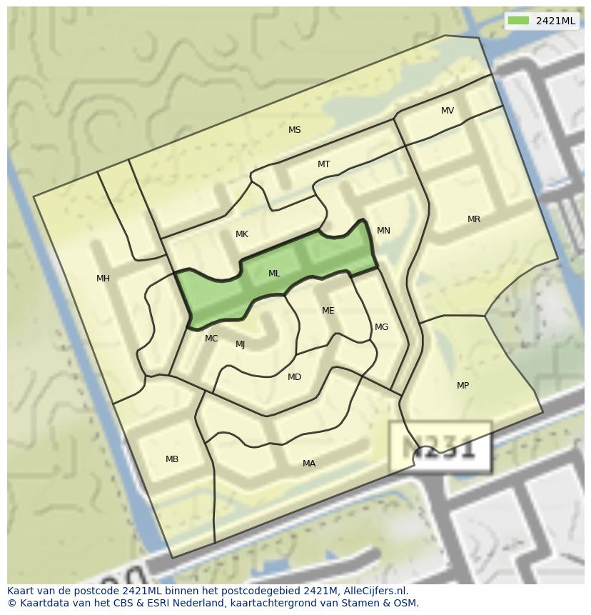 Afbeelding van het postcodegebied 2421 ML op de kaart.