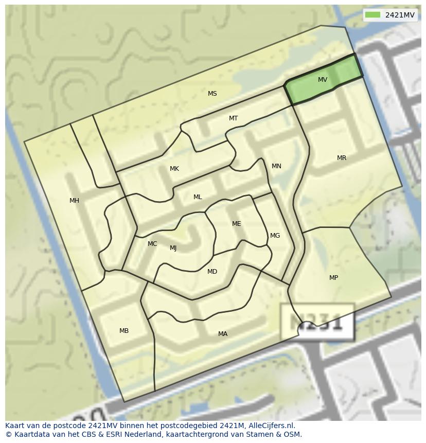 Afbeelding van het postcodegebied 2421 MV op de kaart.