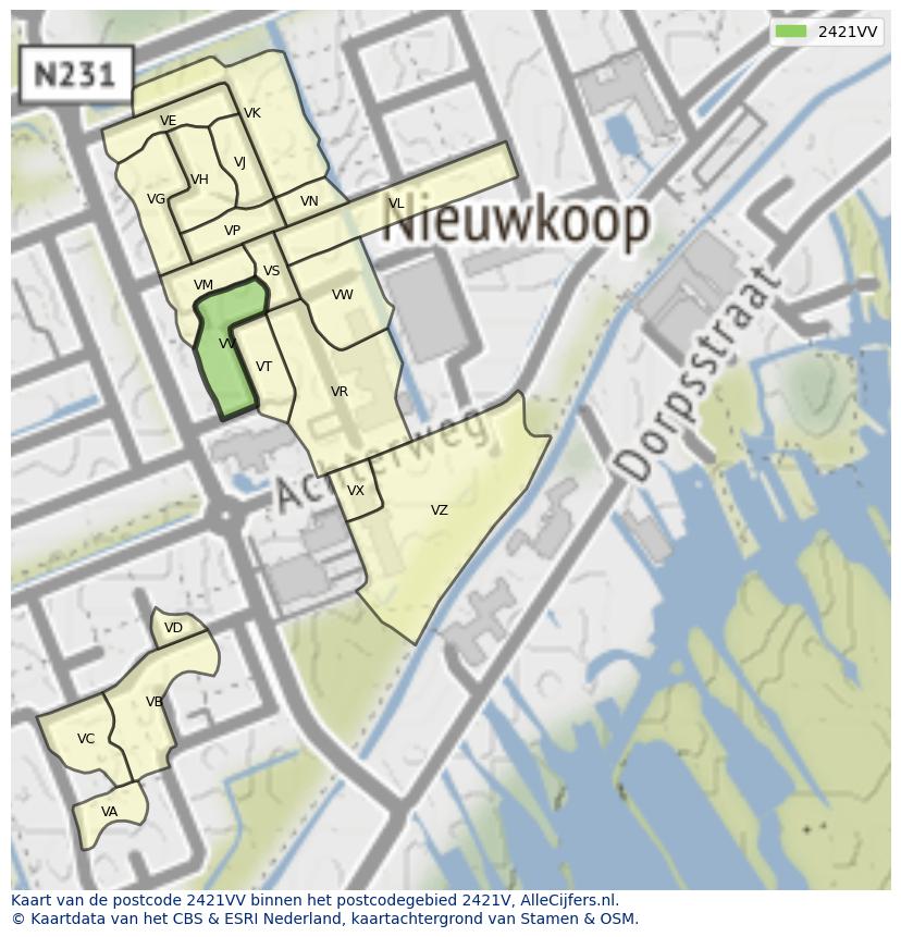 Afbeelding van het postcodegebied 2421 VV op de kaart.