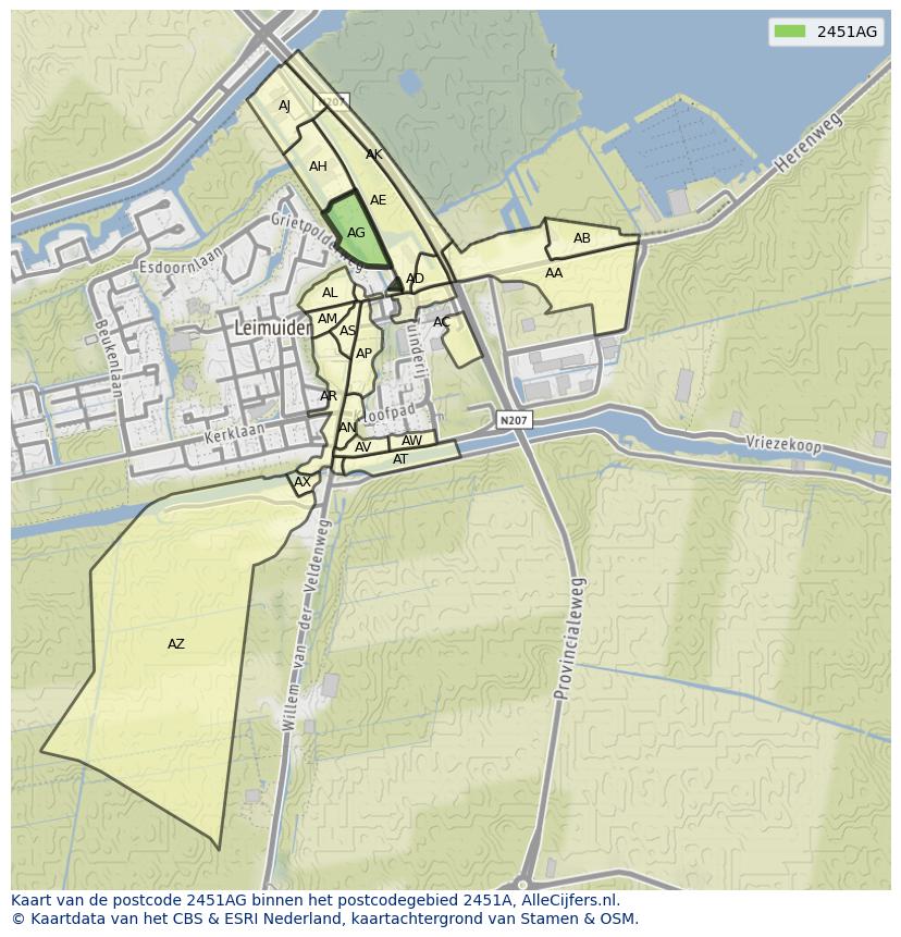 Afbeelding van het postcodegebied 2451 AG op de kaart.