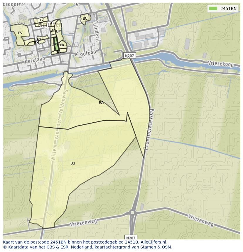 Afbeelding van het postcodegebied 2451 BN op de kaart.