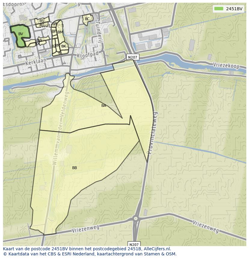 Afbeelding van het postcodegebied 2451 BV op de kaart.