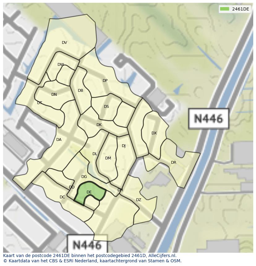 Afbeelding van het postcodegebied 2461 DE op de kaart.