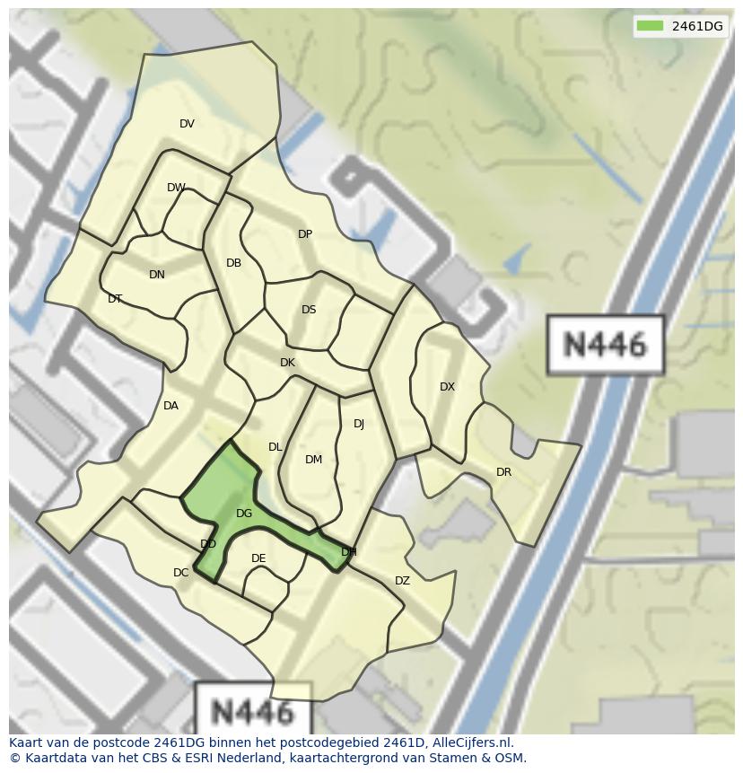 Afbeelding van het postcodegebied 2461 DG op de kaart.