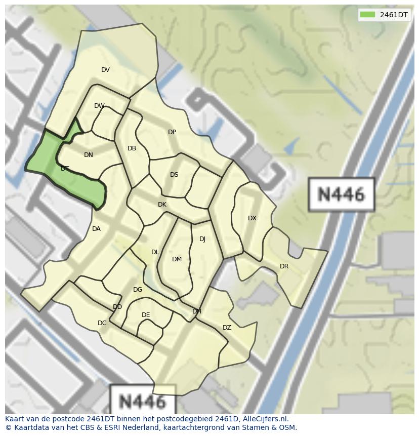 Afbeelding van het postcodegebied 2461 DT op de kaart.