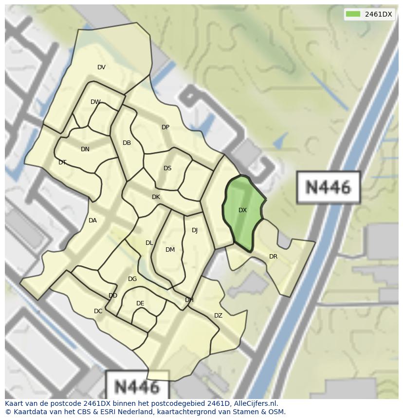 Afbeelding van het postcodegebied 2461 DX op de kaart.