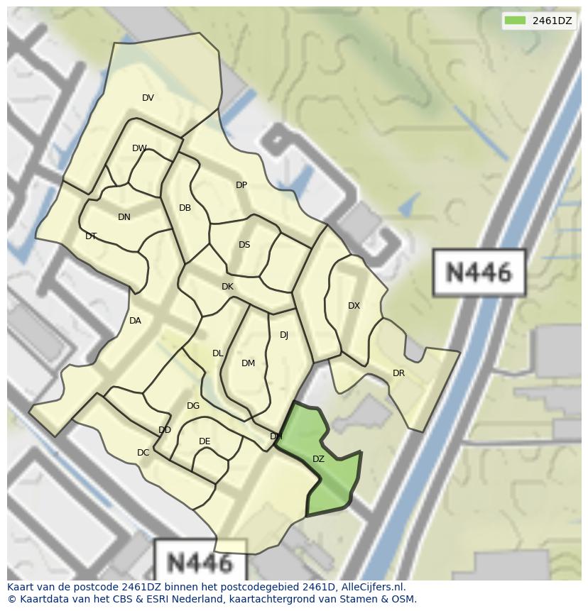 Afbeelding van het postcodegebied 2461 DZ op de kaart.
