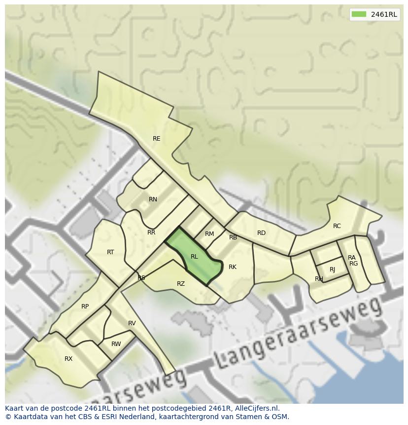 Afbeelding van het postcodegebied 2461 RL op de kaart.