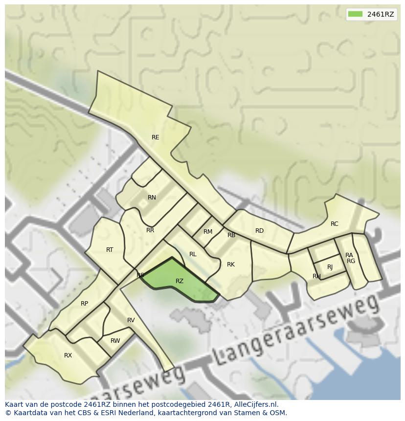 Afbeelding van het postcodegebied 2461 RZ op de kaart.