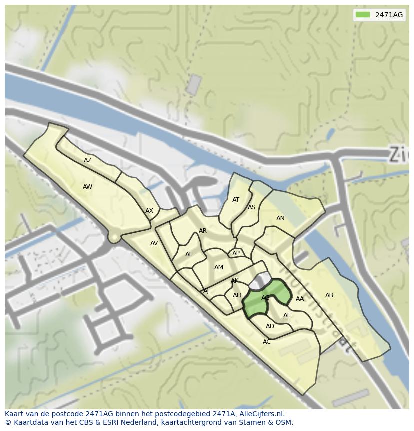 Afbeelding van het postcodegebied 2471 AG op de kaart.