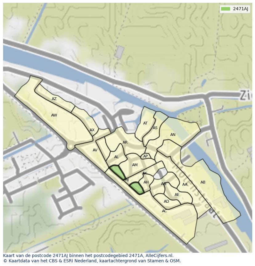 Afbeelding van het postcodegebied 2471 AJ op de kaart.