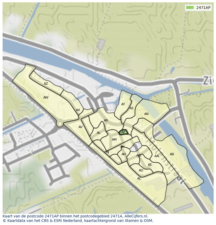 Afbeelding van het postcodegebied 2471 AP op de kaart.