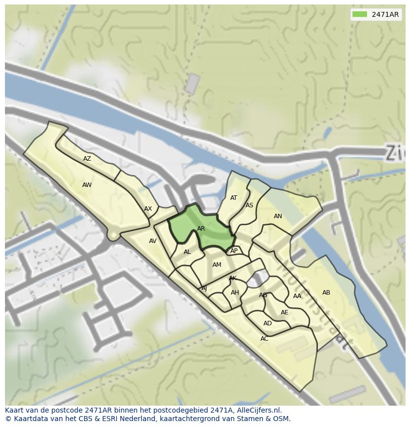 Afbeelding van het postcodegebied 2471 AR op de kaart.