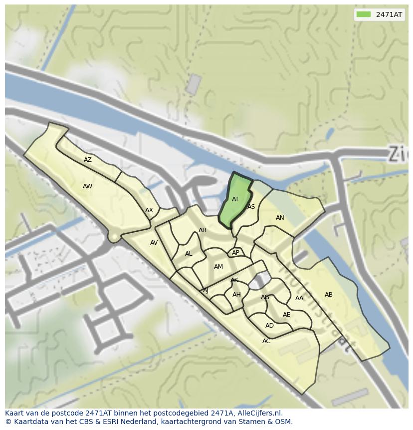 Afbeelding van het postcodegebied 2471 AT op de kaart.
