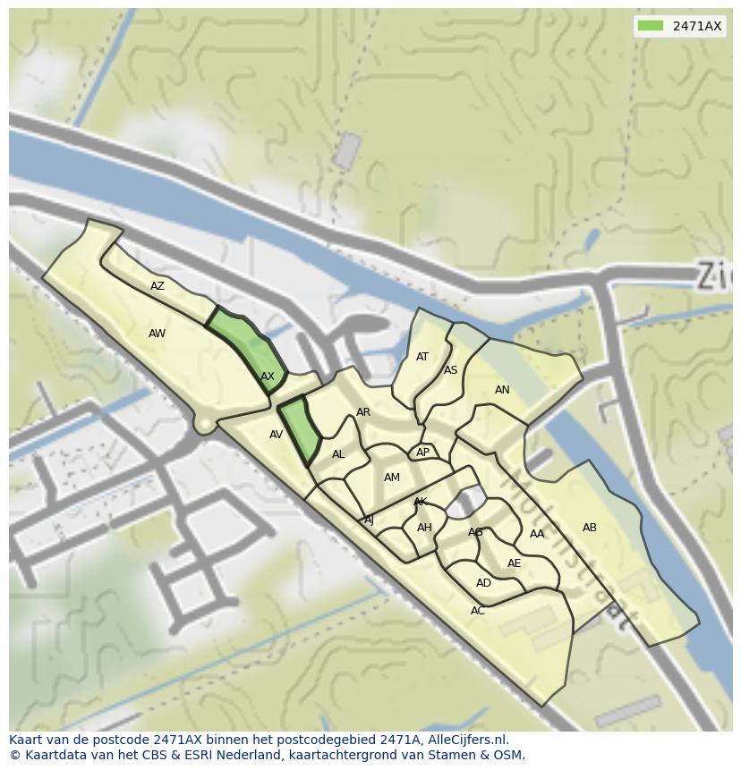Afbeelding van het postcodegebied 2471 AX op de kaart.