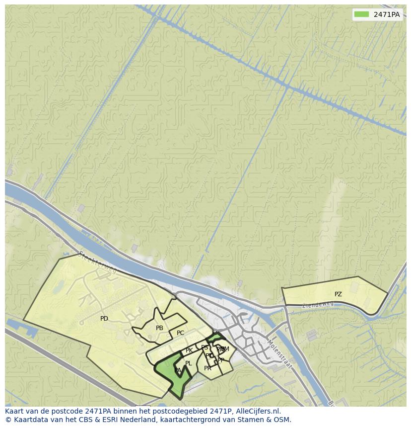 Afbeelding van het postcodegebied 2471 PA op de kaart.