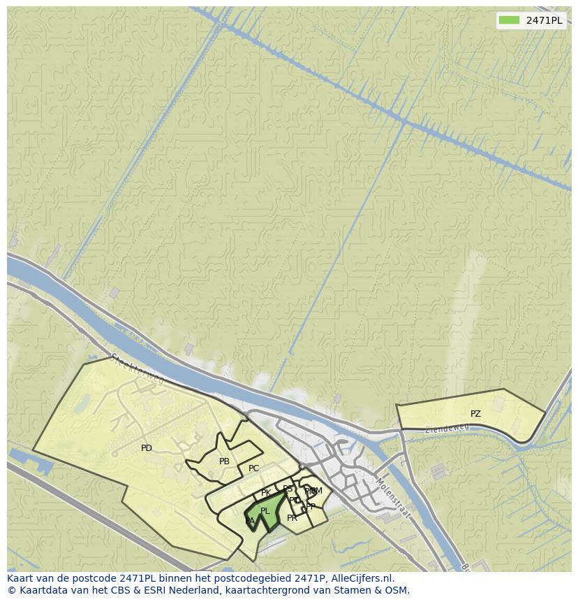 Afbeelding van het postcodegebied 2471 PL op de kaart.
