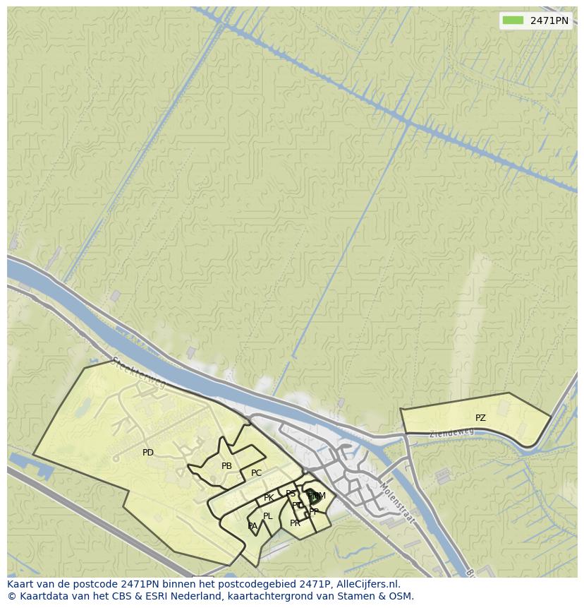 Afbeelding van het postcodegebied 2471 PN op de kaart.