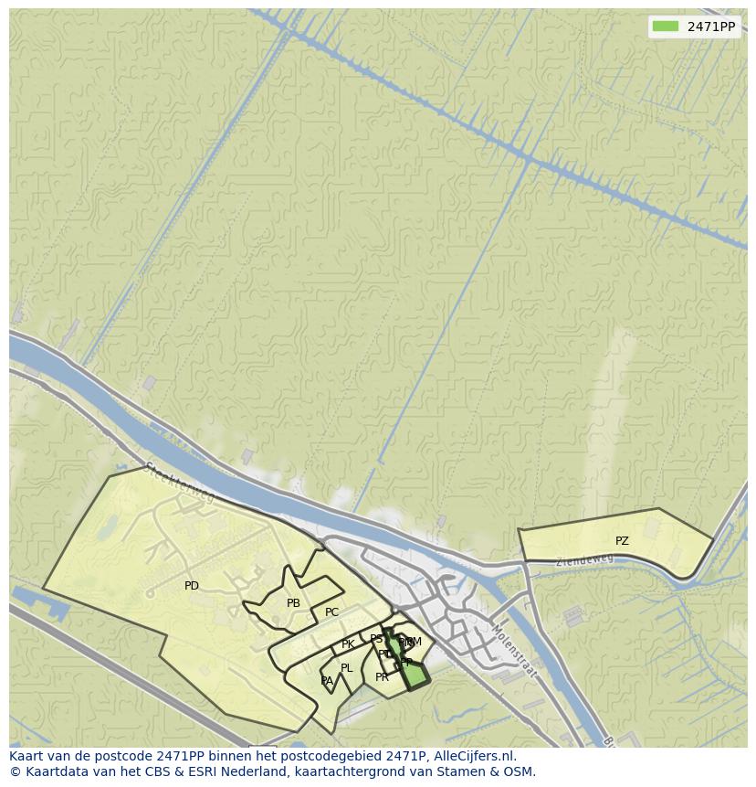 Afbeelding van het postcodegebied 2471 PP op de kaart.