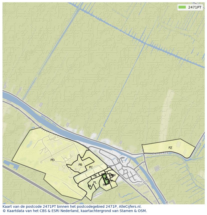 Afbeelding van het postcodegebied 2471 PT op de kaart.