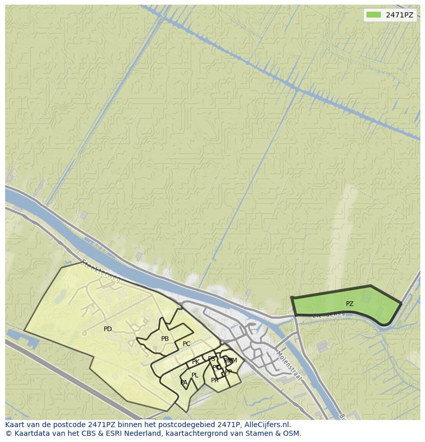 Afbeelding van het postcodegebied 2471 PZ op de kaart.