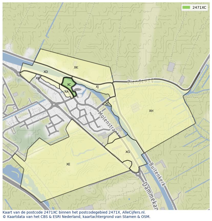 Afbeelding van het postcodegebied 2471 XC op de kaart.