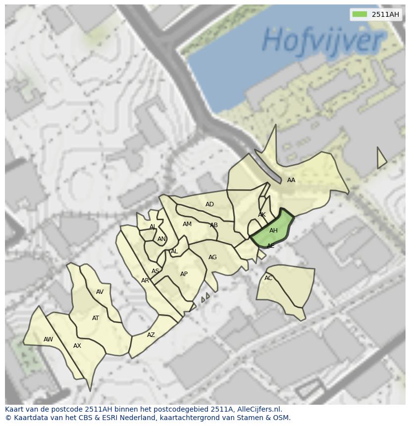 Afbeelding van het postcodegebied 2511 AH op de kaart.