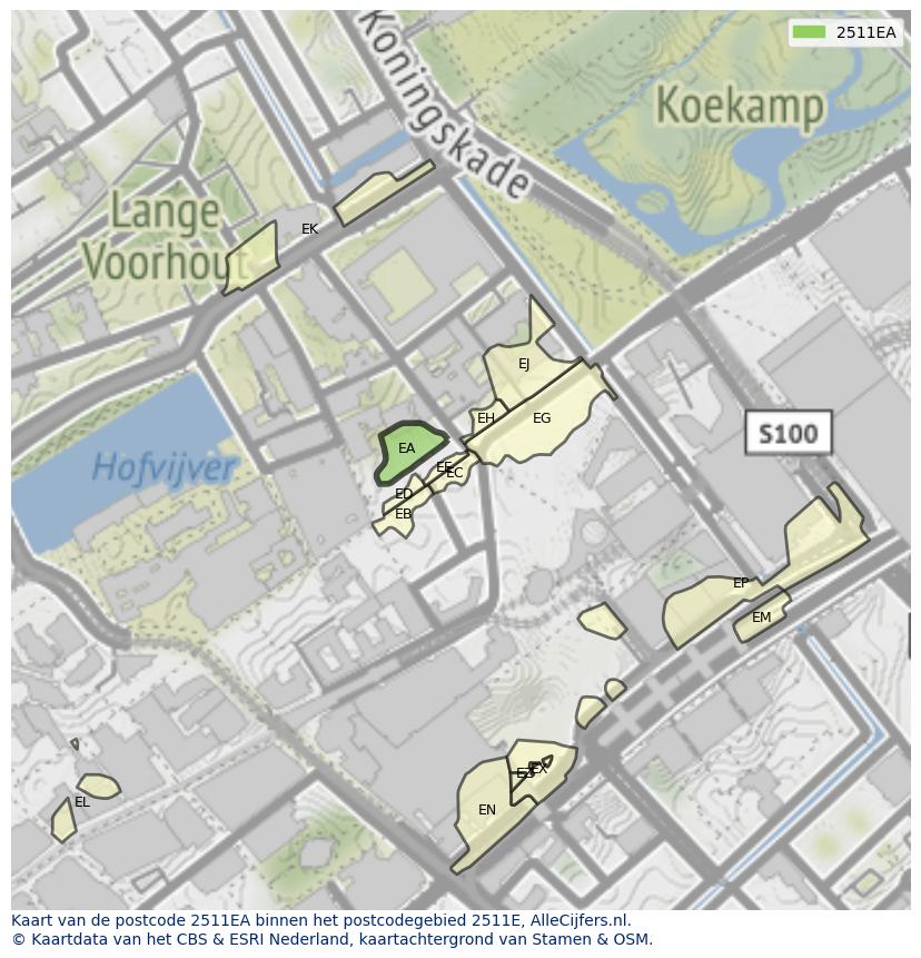 Afbeelding van het postcodegebied 2511 EA op de kaart.