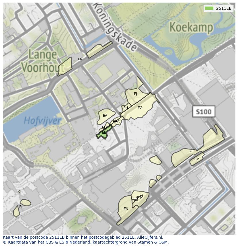 Afbeelding van het postcodegebied 2511 EB op de kaart.
