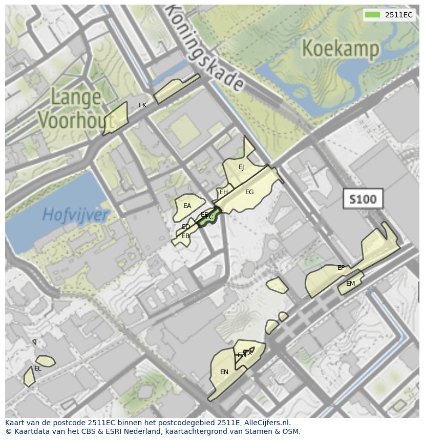 Afbeelding van het postcodegebied 2511 EC op de kaart.