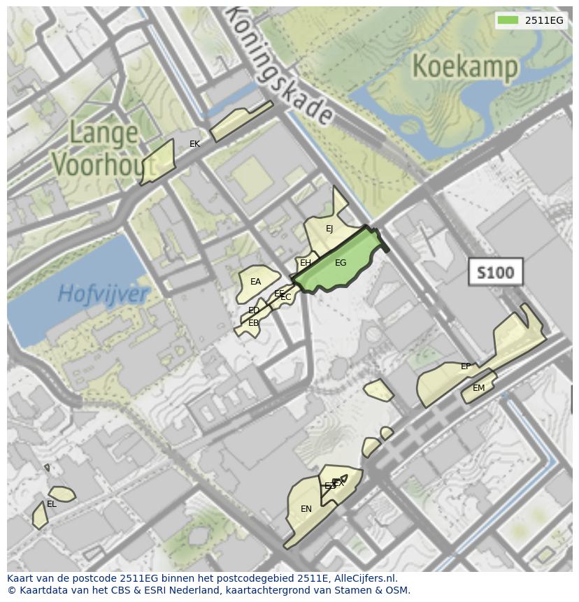 Afbeelding van het postcodegebied 2511 EG op de kaart.