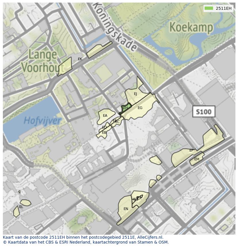 Afbeelding van het postcodegebied 2511 EH op de kaart.
