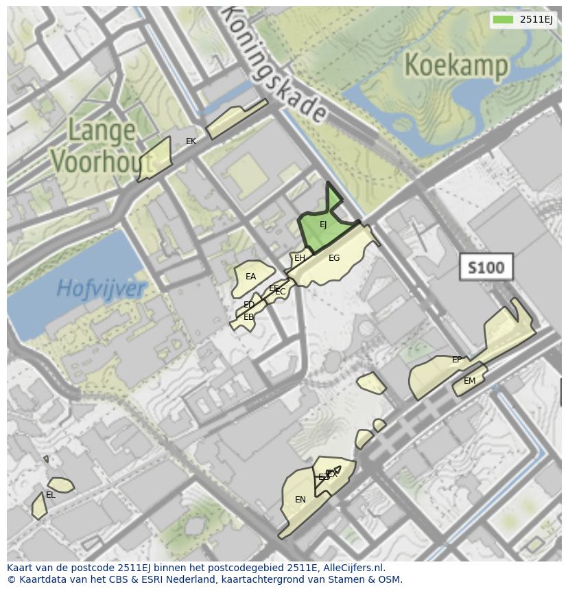 Afbeelding van het postcodegebied 2511 EJ op de kaart.