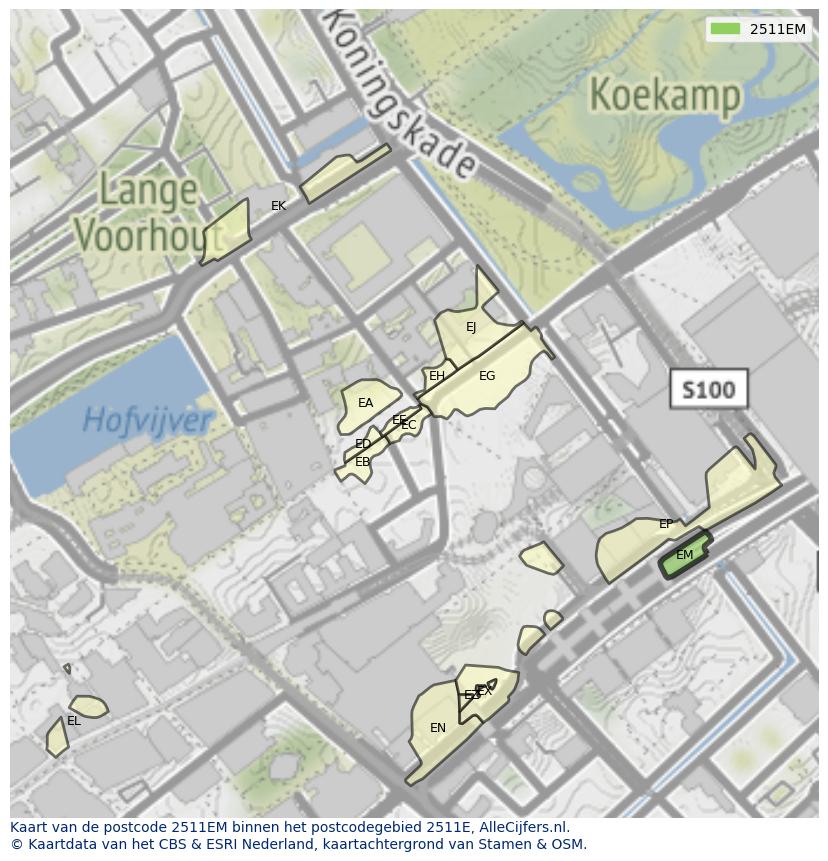 Afbeelding van het postcodegebied 2511 EM op de kaart.