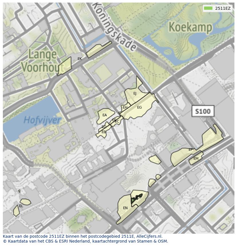 Afbeelding van het postcodegebied 2511 EZ op de kaart.