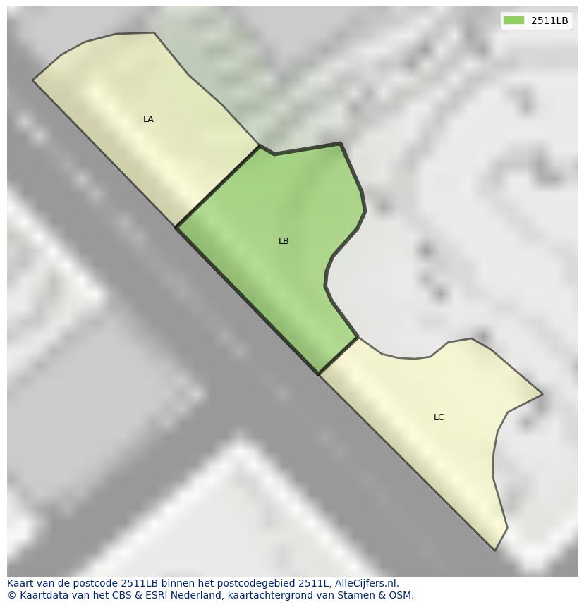 Afbeelding van het postcodegebied 2511 LB op de kaart.