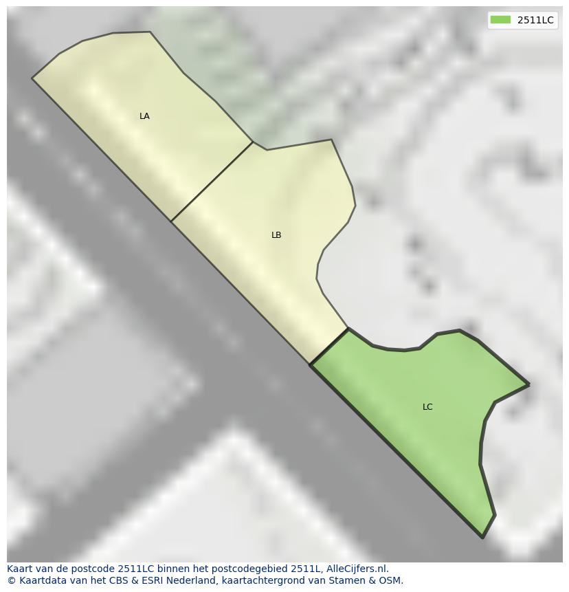 Afbeelding van het postcodegebied 2511 LC op de kaart.