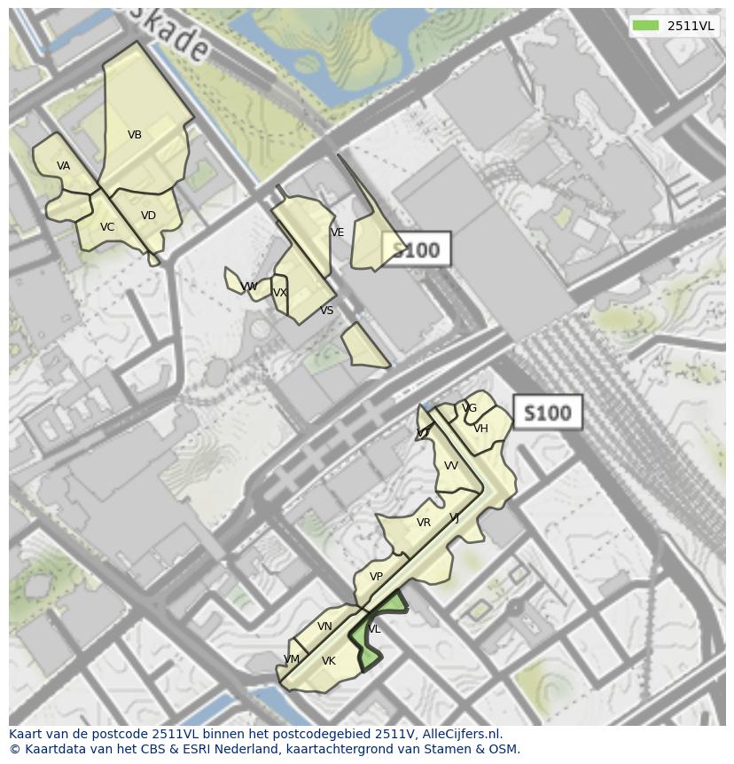 Afbeelding van het postcodegebied 2511 VL op de kaart.