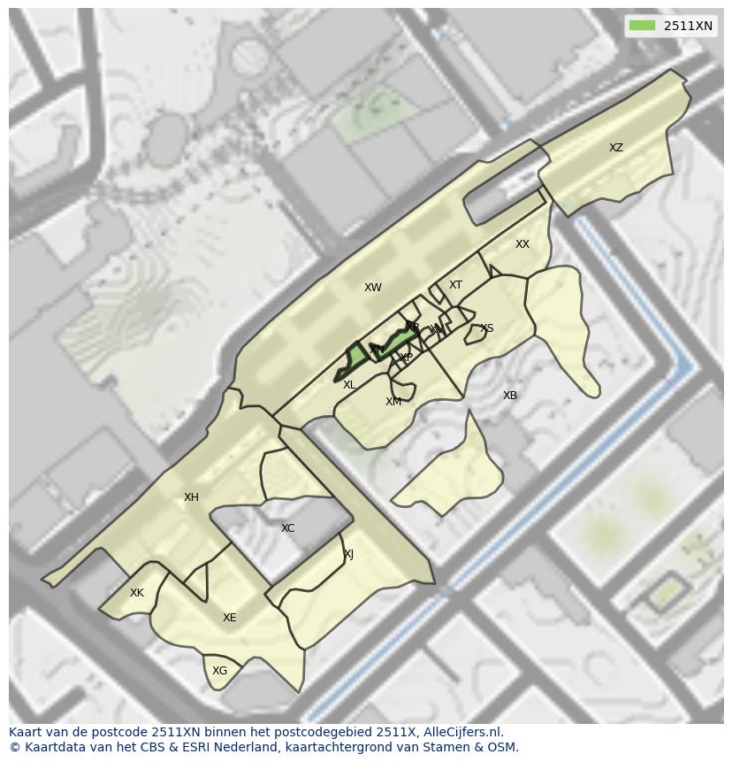 Afbeelding van het postcodegebied 2511 XN op de kaart.
