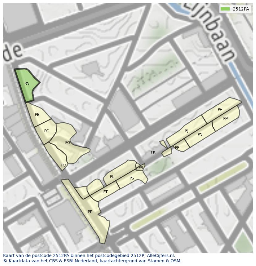 Afbeelding van het postcodegebied 2512 PA op de kaart.